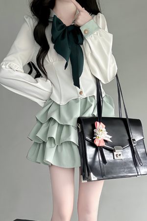 Navy Collar JK Uniform Cake Skirt with Long Sleeve Top, College Style Japanese Sailor Suit, Slimming Outfit for Women