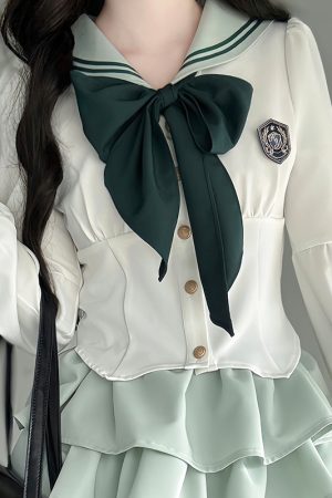 Navy Collar JK Uniform Cake Skirt with Long Sleeve Top, College Style Japanese Sailor Suit, Slimming Outfit for Women