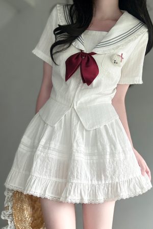 Navy Collar Korean-style Pudding Bear JK Uniform Sweet Summer Sailor Suit Set 2025, French Fashion Inspired