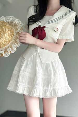 Navy Collar Korean-style Pudding Bear JK Uniform Sweet Summer Sailor Suit Set 2025, French Fashion Inspired