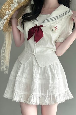 Navy Collar Korean-style Pudding Bear JK Uniform Sweet Summer Sailor Suit Set 2025, French Fashion Inspired