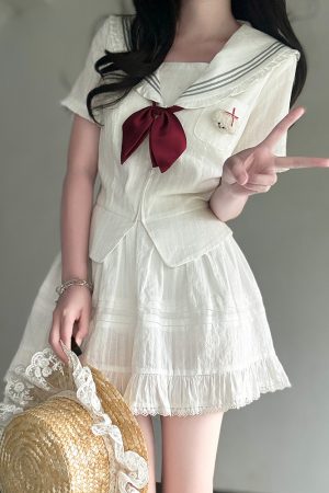 Navy Collar Korean-style Pudding Bear JK Uniform Sweet Summer Sailor Suit Set 2025, French Fashion Inspired