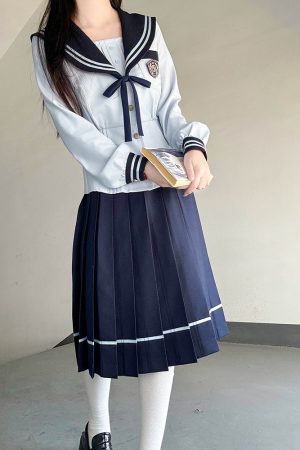 Navy Collar Long Sleeve Top and Blue Long Skirt Set - Pudding Bear JK Style, School Supply Fashion, Y2K Academy Chic