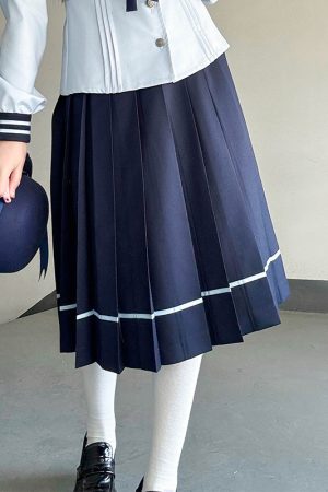 Navy Collar Long Sleeve Top and Blue Long Skirt Set - Pudding Bear JK Style, School Supply Fashion, Y2K Academy Chic