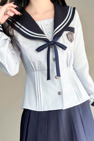 Navy Collar Long Sleeve Top and Blue Long Skirt Set - Pudding Bear JK Style, School Supply Fashion, Y2K Academy Chic