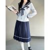 Navy Collar Long Sleeve Top and Blue Long Skirt Set - Pudding Bear JK Style, School Supply Fashion, Y2K Academy Chic