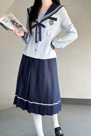 Navy Collar Long Sleeve Top and Blue Long Skirt Set - Pudding Bear JK Style, School Supply Fashion, Y2K Academy Chic
