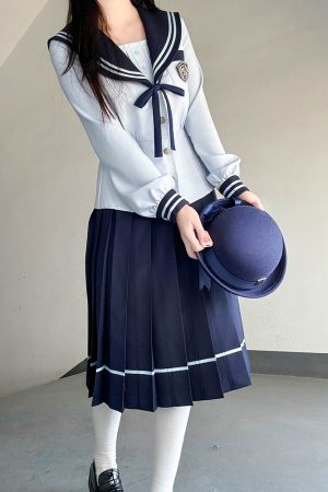 Navy Collar Long Sleeve Top and Blue Long Skirt Set - Pudding Bear JK Style, School Supply Fashion, Y2K Academy Chic