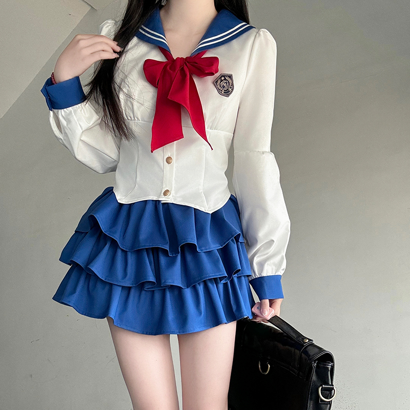 Navy Collar Pudding Bear JK Uniform Sailor Suit Set with Cake Skirt - Slimming College Style Outfit for 90s and Y2K Fashion Lovers Navy Collar Pudding Bear JK Uniform Sailor Suit Set with Cake Skirt - Slimming College Style Outfit for 90s and Y2K Fashion Lovers