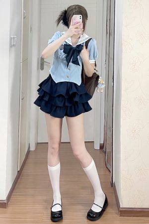 Navy Collar Pudding Bear JK Uniform Sailor Suit Set with Cake Skirt - Slimming College Style Outfit for 90s and Y2K Fashion Lovers