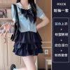 Navy Collar Pudding Bear JK Uniform Sailor Suit Set with Cake Skirt - Slimming College Style Outfit for 90s and Y2K Fashion Lovers