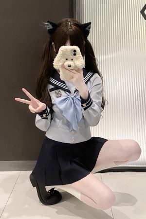 Navy Collar Sailor Suit Set - Japanese JK Uniform with Pudding Bear Design - Cute School Style Outfit for Y2K Fashion Lovers