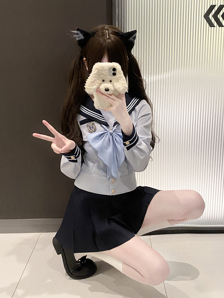 Navy Collar Sailor Suit Set - Japanese JK Uniform with Pudding Bear Design - Cute School Style Outfit for Y2K Fashion Lovers Navy Collar Sailor Suit Set - Japanese JK Uniform with Pudding Bear Design - Cute School Style Outfit for Y2K Fashion Lovers
