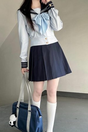 Navy Collar Sailor Suit Set - Japanese JK Uniform with Pudding Bear Design - Cute School Style Outfit for Y2K Fashion Lovers