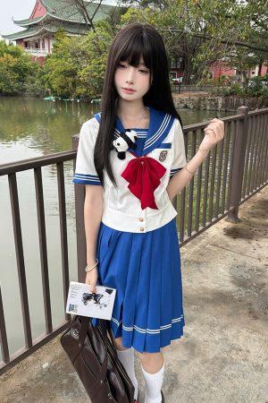 Navy Collar Sailor Suit Set - Japanese JK Uniform with Waist-Defined Short Sleeves - College Style Pudding Bear Design for Students