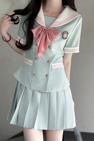 Navy Collar Waist-Defined Short Sleeve Sailor Suit Set - Sweet Style JK Uniform Top for Summer 2025