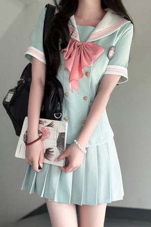 Navy Collar Waist-Defined Short Sleeve Sailor Suit Set - Sweet Style JK Uniform Top for Summer 2025