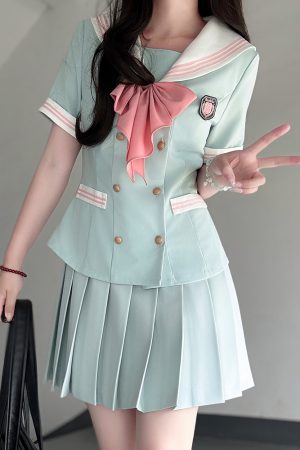 Navy Collar Waist-Defined Short Sleeve Sailor Suit Set - Sweet Style JK Uniform Top for Summer 2025