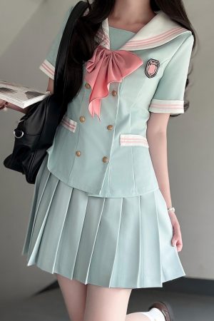 Navy Collar Waist-Defined Short Sleeve Sailor Suit Set - Sweet Style JK Uniform Top for Summer 2025