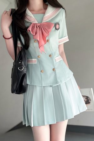 Navy Collar Waist-Defined Short Sleeve Sailor Suit Set - Sweet Style JK Uniform Top for Summer 2025