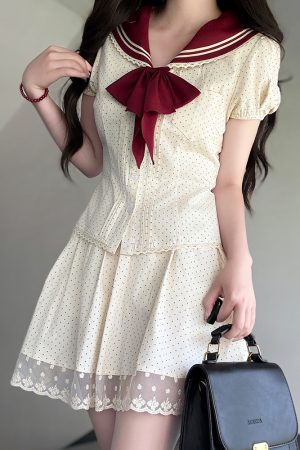 Navy Polka Dot Short Sleeve JK Uniform Set with Waist-Defining Design - Sweet Summer College Style