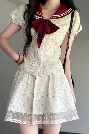 Navy Polka Dot Short Sleeve JK Uniform Set with Waist-Defining Design - Sweet Summer College Style