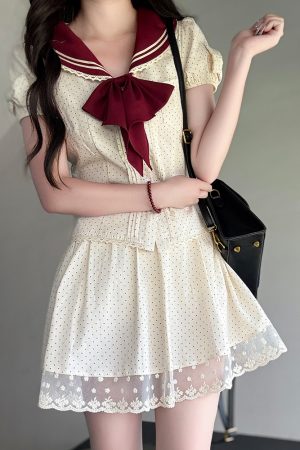 Navy Polka Dot Short Sleeve JK Uniform Set with Waist-Defining Design - Sweet Summer College Style