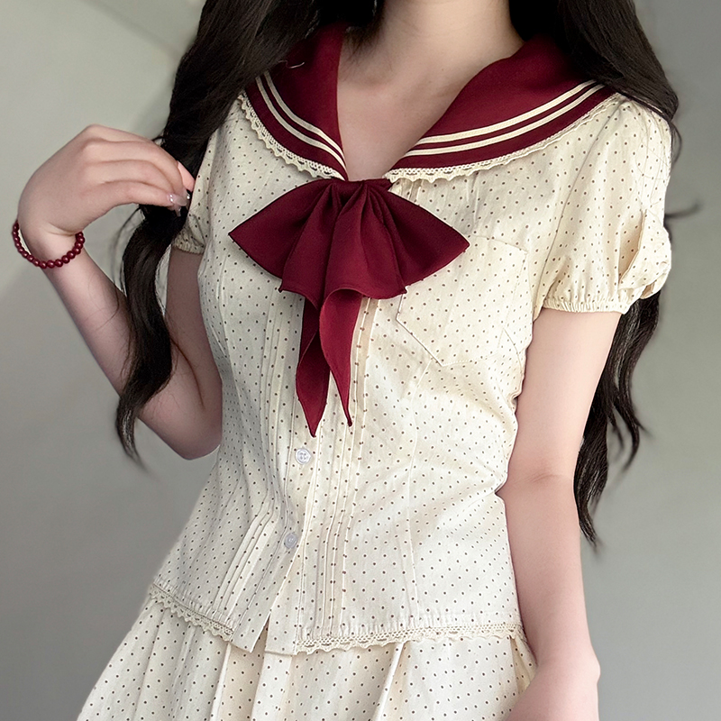 Navy Polka Dot Short Sleeve JK Uniform Set with Waist-Defining Design - Sweet Summer College Style Navy Polka Dot Short Sleeve JK Uniform Set with Waist-Defining Design - Sweet Summer College Style