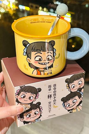 Nezha Magic Child Ceramic Mug with Lid - Cute Girls Coffee Cup for Birthdays, Perfect Gift for 2025