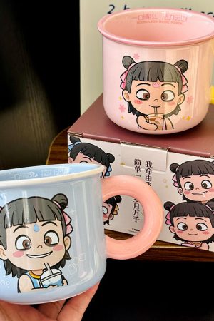 Nezha Magic Child Ceramic Mug with Lid - Cute Girls Coffee Cup for Birthdays, Perfect Gift for 2025