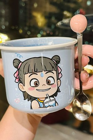 Nezha Magic Child Ceramic Mug with Lid - Cute Girls Coffee Cup for Birthdays, Perfect Gift for 2025