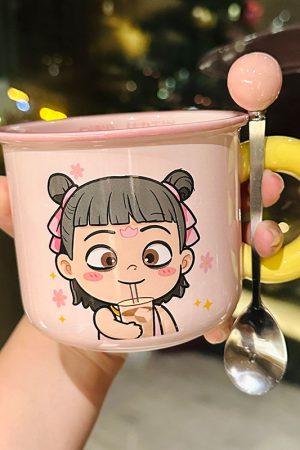 Nezha Magic Child Ceramic Mug with Lid - Cute Girls Coffee Cup for Birthdays, Perfect Gift for 2025