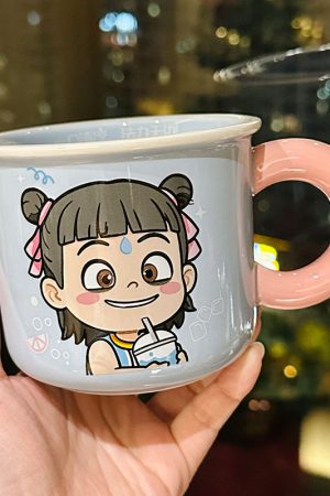 Nezha Magic Child Ceramic Mug with Lid - Cute Girls Coffee Cup for Birthdays, Perfect Gift for 2025