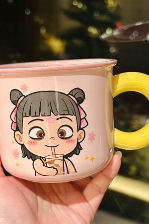 Nezha Magic Child Ceramic Mug with Lid - Cute Girls Coffee Cup for Birthdays, Perfect Gift for 2025