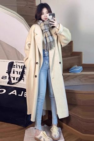 Oatmeal Cashmere Coat for Women, Mid-Length 2024 Winter Korean Style High-End Down Jacket with Thick Inner Lining Outerwear