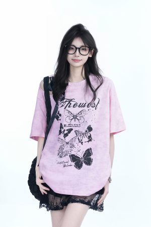 Off-Shoulder Butterfly Knot Tie Short Sleeve T-Shirt for Women - Summer Loose Fit Casual Top, Sweet Cool Style, Y2K Aesthetic