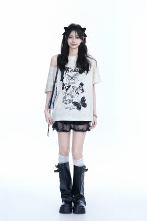 Off-Shoulder Butterfly Knot Tie Short Sleeve T-Shirt for Women - Summer Loose Fit Casual Top, Sweet Cool Style, Y2K Aesthetic