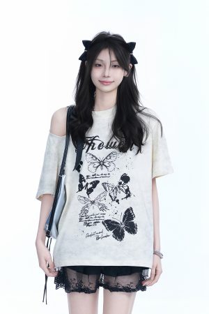 Off-Shoulder Butterfly Knot Tie Short Sleeve T-Shirt for Women - Summer Loose Fit Casual Top, Sweet Cool Style, Y2K Aesthetic