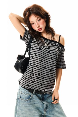 Off-Shoulder Color-Blocking Striped T-Shirt for Women - Summer Spicy Girl Style, Versatile Short Sleeve Top