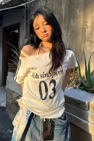 Off-Shoulder Color-Blocking T-Shirt for Women - Spicy Girl Summer Top with Letter Print and Woven Strap, Y2K Loose Fit Style
