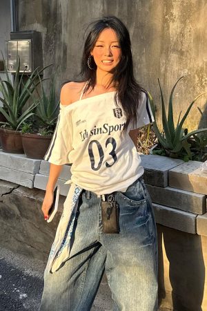 Off-Shoulder Color-Blocking T-Shirt for Women - Spicy Girl Summer Top with Letter Print and Woven Strap, Y2K Loose Fit Style