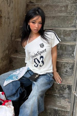 Off-Shoulder Color-Blocking T-Shirt for Women - Spicy Girl Summer Top with Letter Print and Woven Strap, Y2K Loose Fit Style