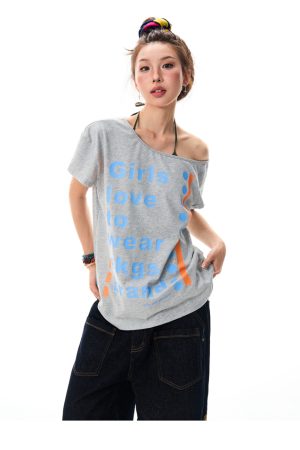 Off-Shoulder Floral Gray T-Shirt for Women - Sexy Asymmetrical Short Sleeve Top, Summer 90s Style American Letter Print