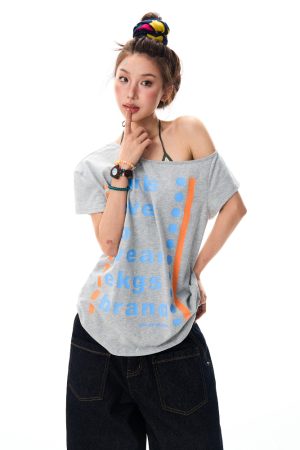 Off-Shoulder Floral Gray T-Shirt for Women - Sexy Asymmetrical Short Sleeve Top, Summer 90s Style American Letter Print