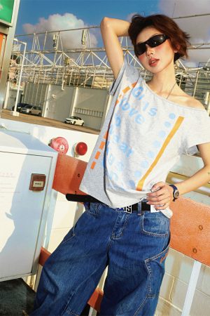 Off-Shoulder Floral Gray T-Shirt for Women - Sexy Asymmetrical Short Sleeve Top, Summer 90s Style American Letter Print