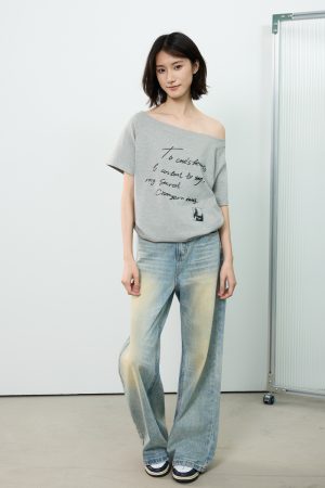 Off-Shoulder Letter Print Short Sleeve T-Shirt for Women - Casual Loose Slim Summer Top, American Street Style