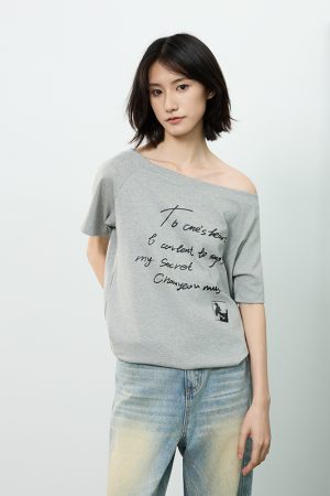 Off-Shoulder Letter Print Short Sleeve T-Shirt for Women - Casual Loose Slim Summer Top, American Street Style