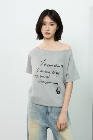 Off-Shoulder Letter Print Short Sleeve T-Shirt for Women - Casual Loose Slim Summer Top, American Street Style