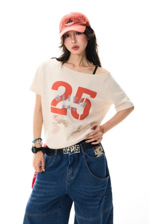 Off-Shoulder Letter Print Short-Sleeve T-Shirt for Women - Spicy Girl Style, Slim-Fit Casual Summer Top, American Fashion, Versatile 90s Vibe