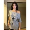 Off-Shoulder Letter Print T-Shirt for Women - Casual Loose Fit Summer Top, American Style, Slimming One-Shoulder Design
